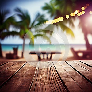 Old wooden table top on blurred beach background with coconut palm leaf. Concept Vacation, Summer, Beach, Sea