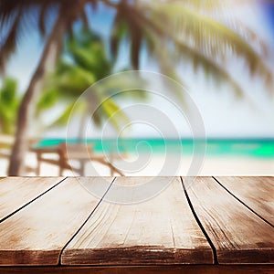 Old wooden table top on blurred beach background with coconut palm leaf. Concept Vacation, Summer, Beach, Sea