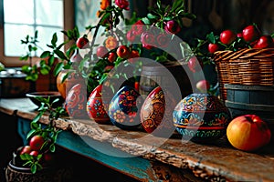 An old wooden table on which stand colourful Easter eggs and other Easter decorations.