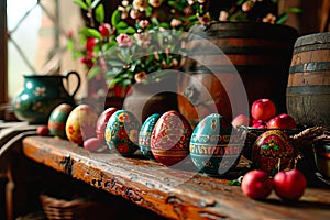 An old wooden tabletop set with Easter decorations.