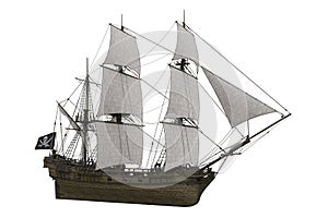 Old wooden tall sailing ship flying the pirate flag. 3D rendering isolated on white background