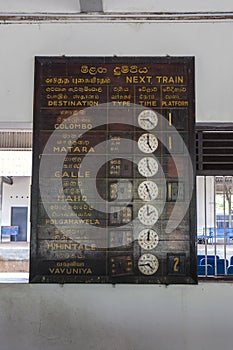 The old timetable board at Anuradhapura Train Station in Sri Lanka.