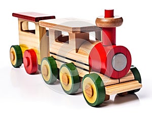 Old wooden toy train on white background