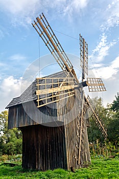 Old wooden traditional ukrainian windmill