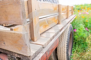 Old wooden truck trailer bed with handmade fencing and dirty tire wheel showing in a flower field