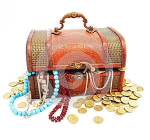 Old wooden trunk with money and jewellery isolated