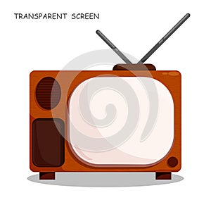 Old wooden TV with antenna. Vintage TV set in cartoon style with blank transparent screen. World Television Day 21 November.