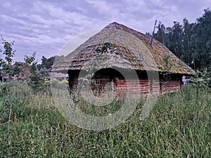 An old wooden Ukrainian hut on a farm in the evening, cloudy sky