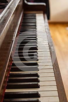 Old wooden upright piano keyboard