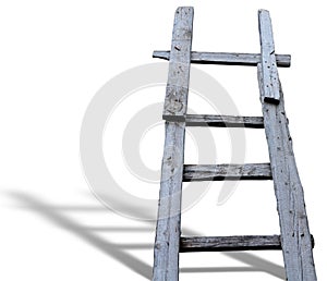 Old wooden vintage ladder with shadow isolated over white background