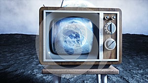 Old wooden vintage TV on the moon. Earth background. Space concept. Broadcast.