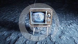 Old wooden vintage TV on the moon. Earth background. Space concept. Broadcast. 3d rendering.