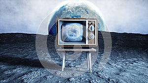 Old wooden vintage TV on the moon. Earth background. Space concept. Broadcast. 3d rendering.