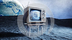 Old wooden vintage TV on the moon. Earth background. Space concept. Broadcast. 3d rendering.