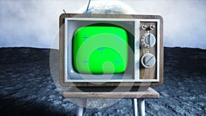 Old wooden vintage TV on the moon. Earth background. Space concept. Broadcast. Green screen tracking footage.