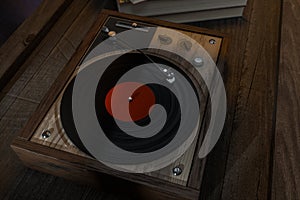 The old wooden vinyl record player on the table, 3d rendering