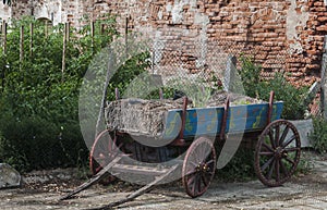 Old wooden wagon full of hay
