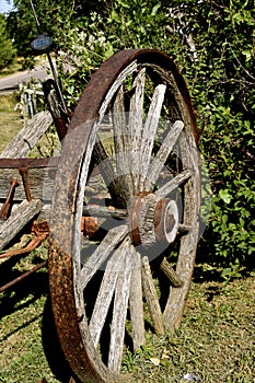 Old wooden wagon wheel as a backyard decoration