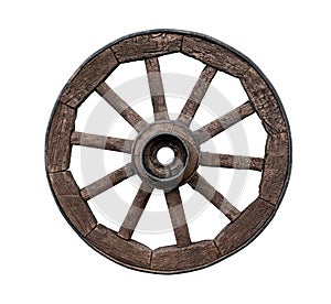 Old wooden wagon wheel isolated on white