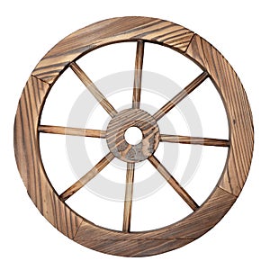 Old wooden wagon wheel on white