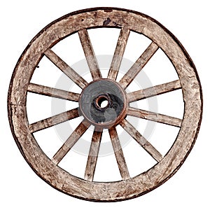 Old wooden wagon wheel on white background