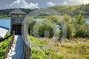 The old wooden wall of the fortress against the background of green nature