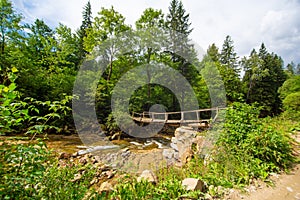 The old wooden weak bridge over small river in mountain forest