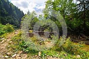 The old wooden weak bridge over small river in mountain forest