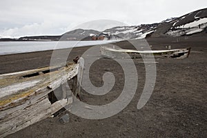 Old wooden whaling boats on the beach at Whaler`s Bay, Antarctica photo