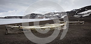 Old wooden whaling boats on the beach at Whaler`s Bay, Antarctica photo