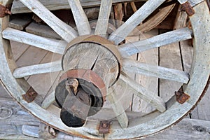 Old wooden wheel from cart in barn
