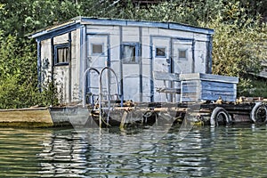 Old Wooden White-Blue Raft Weekend House On Sava River - Belgrade - Serbia