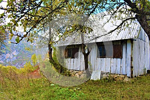 The old wooden,white colored,traditional Montenegrin house in the village