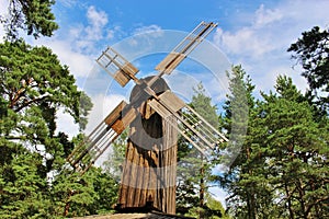 Old wooden windmill in Karlstad, Sweden.