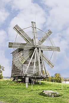 An old wooden windmill on Kizhi island . Russian Federation.