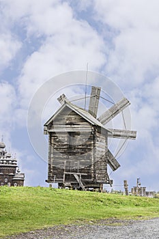 An old wooden windmill on Kizhi island . Russian Federation.