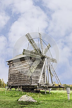 An old wooden windmill on Kizhi island . Russian Federation.