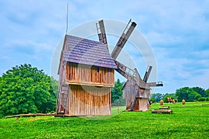 Old wooden windmills in Chernivtsi scansen, Ukraine