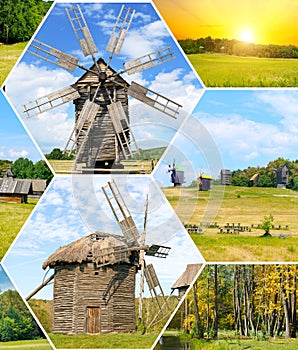 Old wooden windmills in field and sun on sky. Pyrohiv village near Kiev, Ukraine. Collage