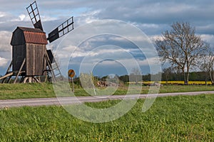 Old wooden windmills on the island Oland, Sweden. selective focus