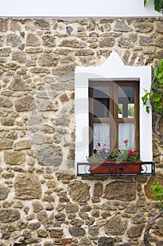 Old wooden window with flowers on stone wall