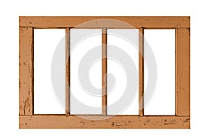 wooden window frame painted brown vintage isolated on a white background