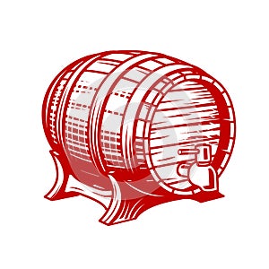 Old wooden wine or beer barrel with faucet in engraving style, cask