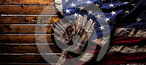 Old work gloves on large American flag - Labor day background