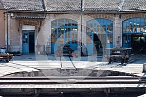 Old workshop and train sheds in the railway station of Soller, Spain