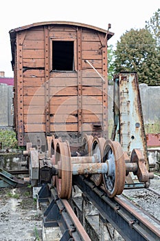 Old workshop of wagons and narrow-gauge railway locomotives. Place of repair and renovation for trains.