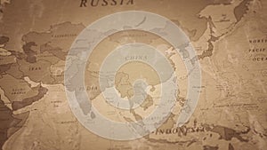 Old world map animation. Camera showing continents and travelling from Russia to Australia