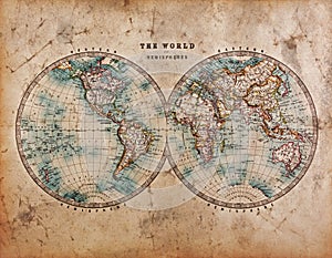Una verdadera vieja manchada mapa del Mundo con fecha de mediados de 1800, mostrando Occidental y Oriental de los Hemisferios con la mano la coloración.