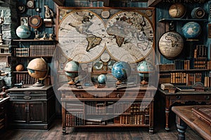 Old-world map room with globes and antique navigation tools