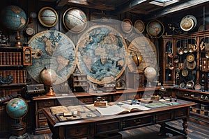 Old-world map room with globes and antique navigation tools